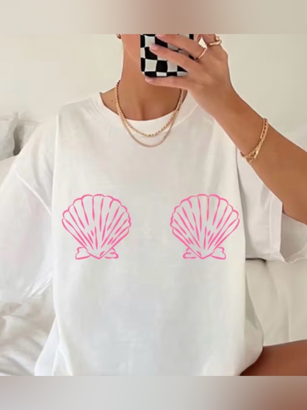 New Women's White Tee with Pink Seashell Graphic- Medium